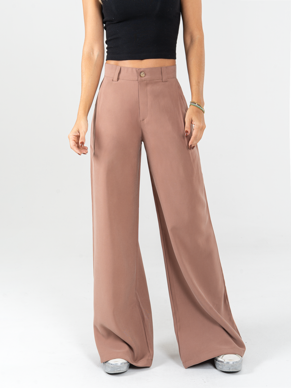 Ref: 0620006 Pantalón palazzo, prenses, tejido plano liviano, tiro alto, tono cafe