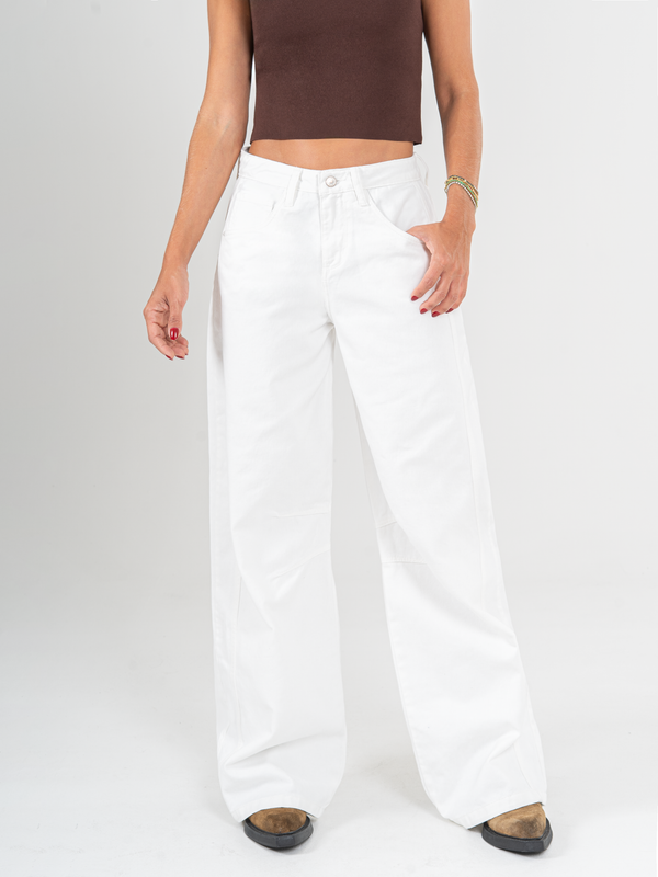 Ref: 0620041 Pantalón wide leg, rígido, tiro alto, corte en costado, tono ivory