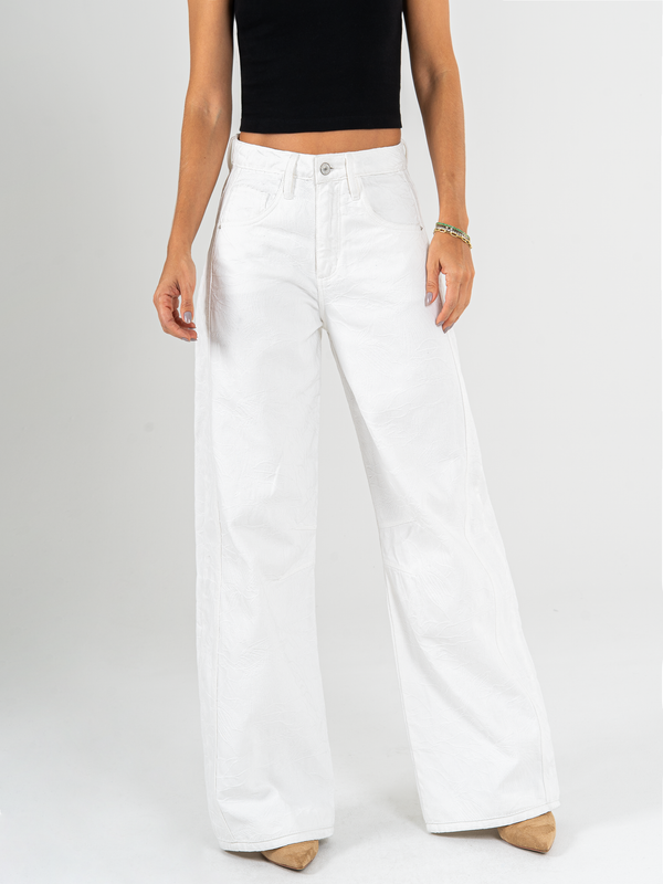 Ref: 0620082 Pantalón wide leg, tiro alto, detalle de tela bordada, rígido, tono ivory