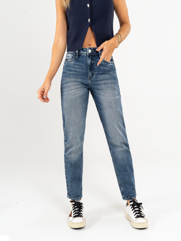 Ref: 065487 Jean Mom fit, stretch, tiro alto, tono azul medio oscuro