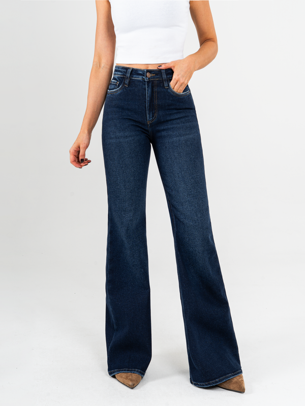 Ref: 065889 Jean flare stretch, bota ancha, tiro alto, tono azul oscuro