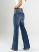 Ref: 065634 Jean flare stretch, bota ancha, botones expuestos, tiro alto, tono azul oscuro