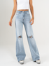 Ref: 065678 Jean mom Flare, rígido, tiro alto, tono azul claro con rotos