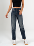 Ref: 065710 Jean Mom fit, slim cropped, rígido, tiro alto, corte en costado, tono azul oscuro