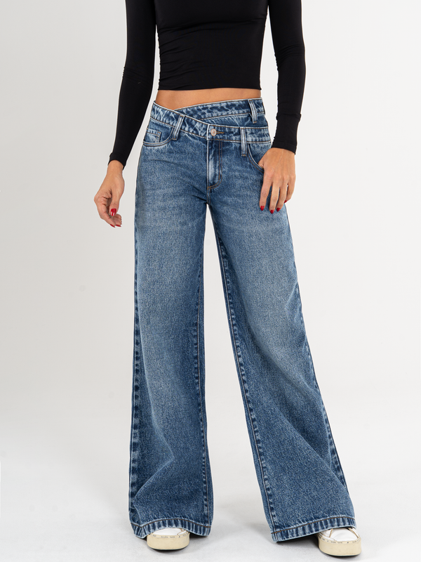 Ref: 065837 Jean palazzo, rígido, tiro alto, tono azul oscuro, detalle en pretina