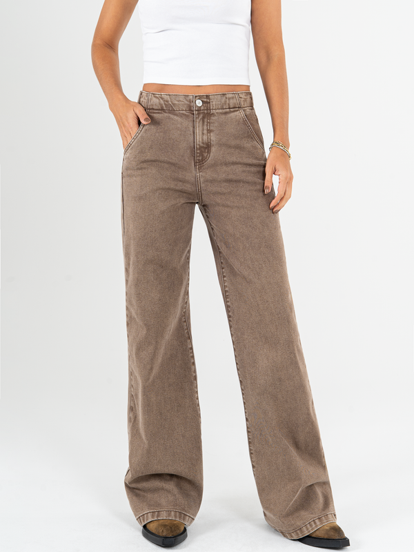 Ref: 065845 Pantalón palazzo, stretch, tiro alto, pretina resortada, tono cafe