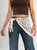 Ref: 065851 Jean mom Flare, rígido, tiro medio, con detalle de pañuelo tejido, tono azul oscuro