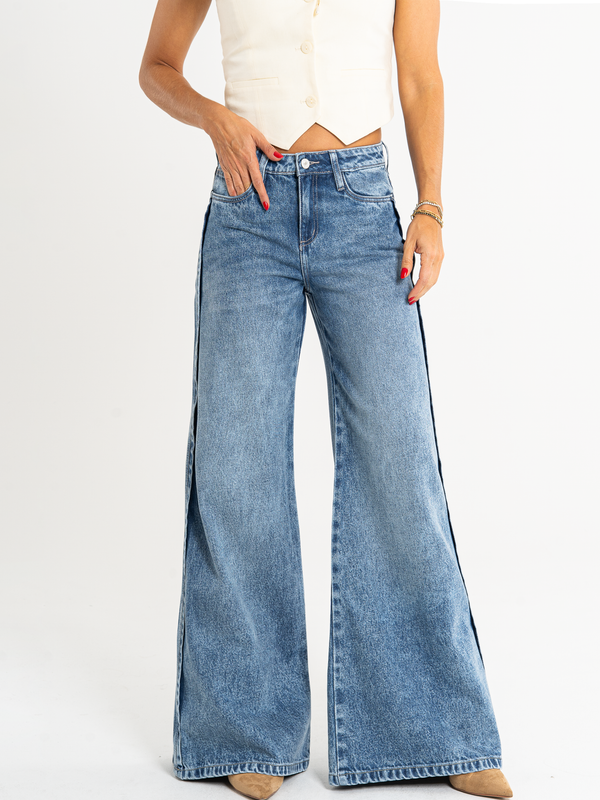 Ref: 065862 Jean palazzo, rígido, tiro medio, tono azul medio