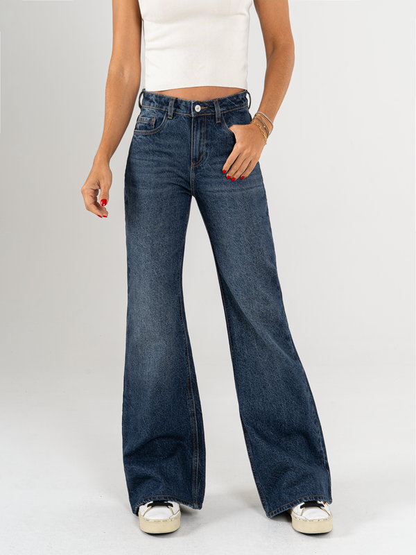 Ref: 065758 Jean mom Flare, rígido, tiro alto, tono azul oscuro