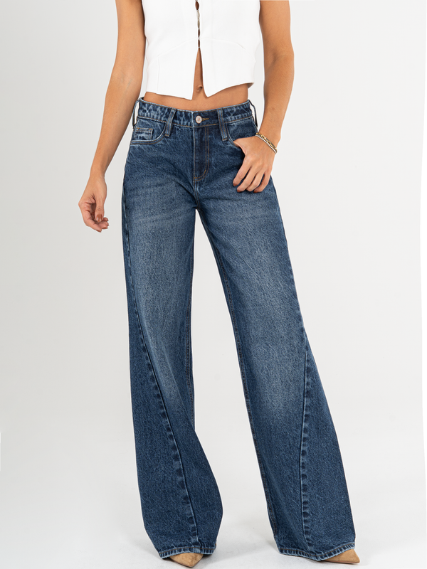 Ref: 065883 Jean wide leg, tiro medio, con cortes, rígido, tono azul oscuro