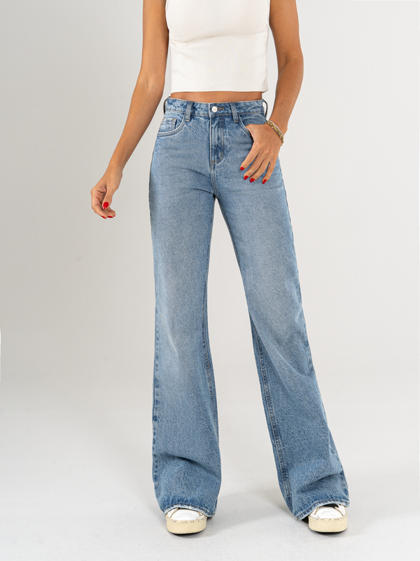 Ref: 066095 Jean mom Flare, rígido, tiro alto, tono azul medio