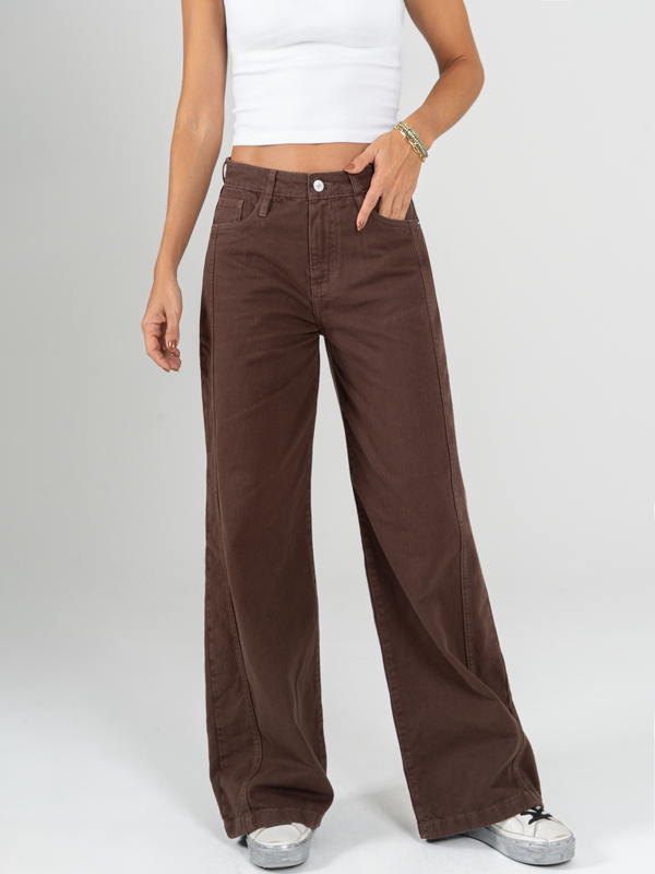 Ref: 069885 Pantalón wide leg, rígido, tiro alto, con corte, tono cafe.