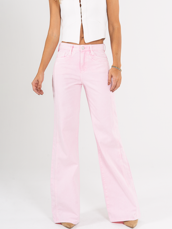 Ref: 069890 Pantalón mom flare, rígido, con cortes, tiro alto, rosa