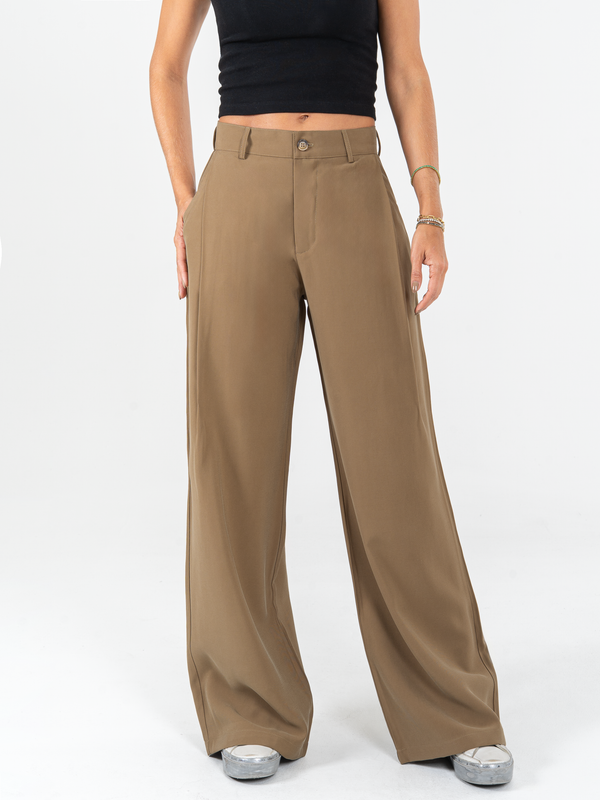 Ref: 0620141 Pantalón palazzo, prenses, tejido plano liviano, tiro alto, tono verde oliva