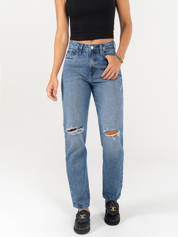 Ref: 066074 Jean Mom fit, rígido, tiro alto, tono azul medio con rotos