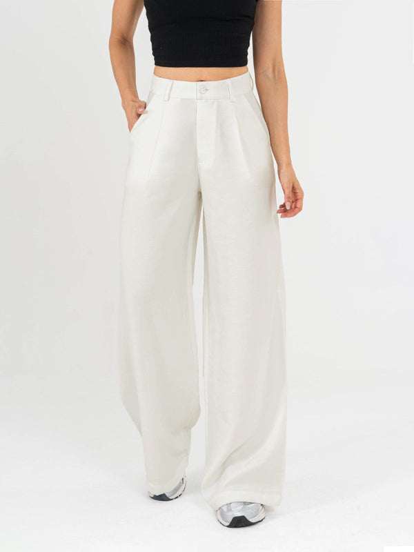 Ref: 069690 Pantalón palazzo, prenses, tono ivory tejido plano liviano, tiro alto