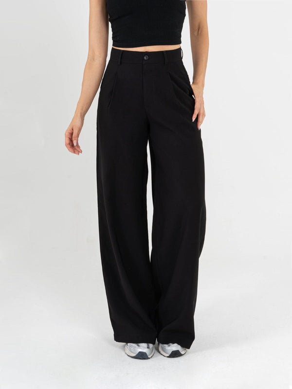 Ref: 069689 Pantalón palazzo, prenses, tono negro, tejido plano liviano, tiro alto