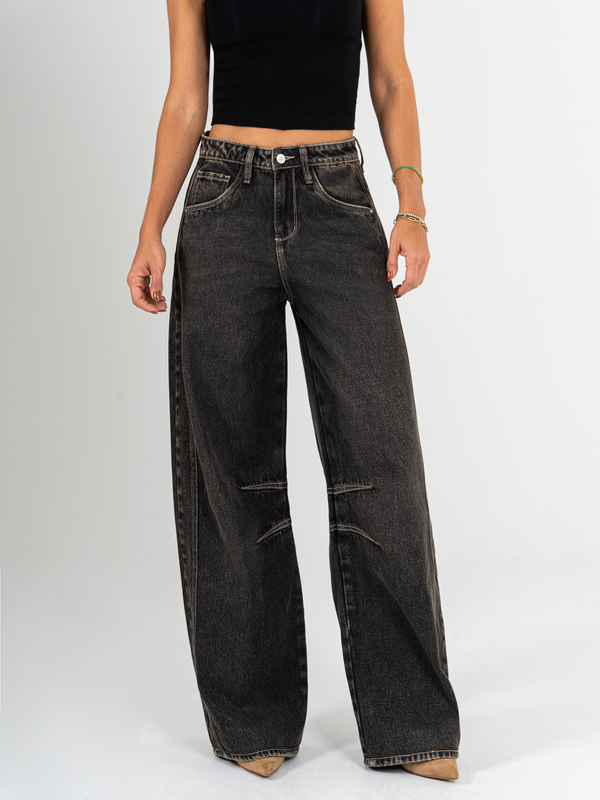 Ref: 065888 Jean wide leg, tiro alto, con cortes, rígido, tono gris medio