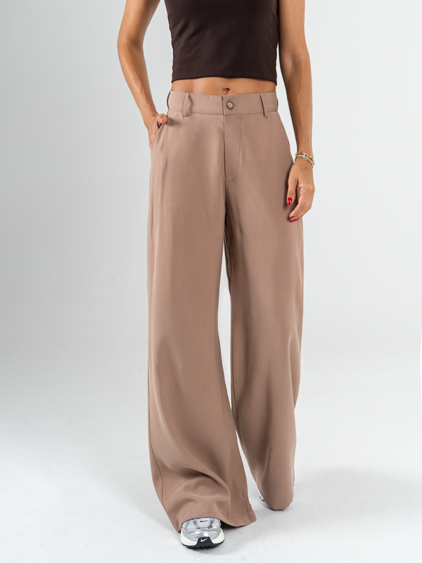 Ref: 069873 Pantalón palazzo, prenses, tono cafe, tejido plano liviano, tiro alto