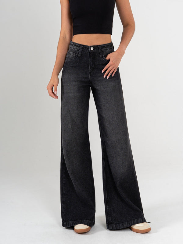 Ref: 065775 Jean palazzo, rígido, tiro medio, tono gris oscuro.
