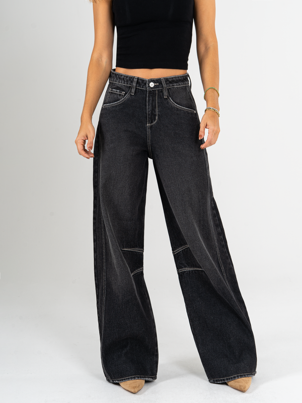 Ref: 065887 Jean wide leg, tiro alto, con cortes, rígido, tono gris oscuro