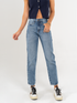 Ref: 065409 Jean Mom fit, slim cropped, rígido, tiro alto, corte en costado, tono azul medio