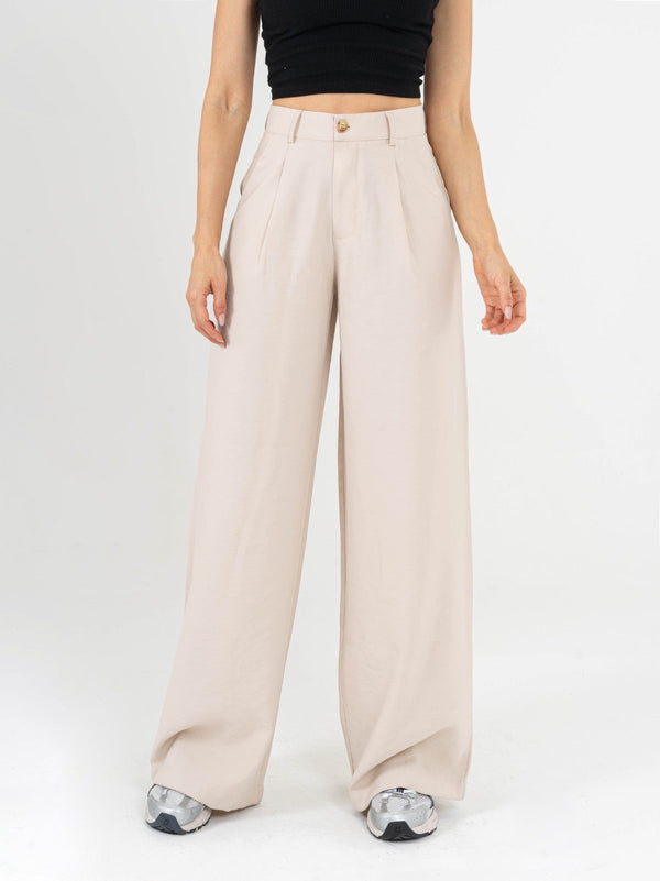 Ref: 069691 Pantalón palazzo, prenses, tono arena, tejido plano liviano, tiro alto