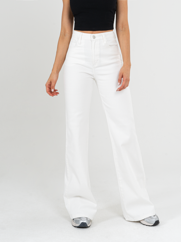 Ref: 069289 Pantalón flare stretch, bota ancha, tiro alto, tono ivory.