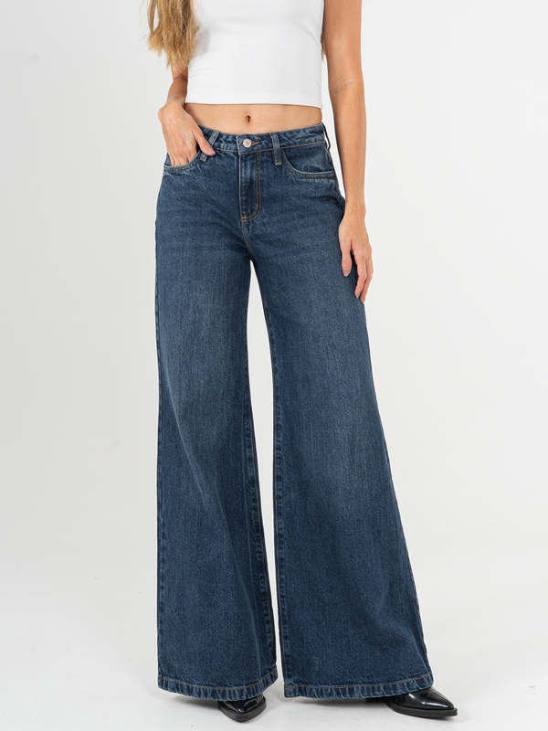 Ref: 066123 Jean palazzo, rígido, tiro medio, tono azul oscuro