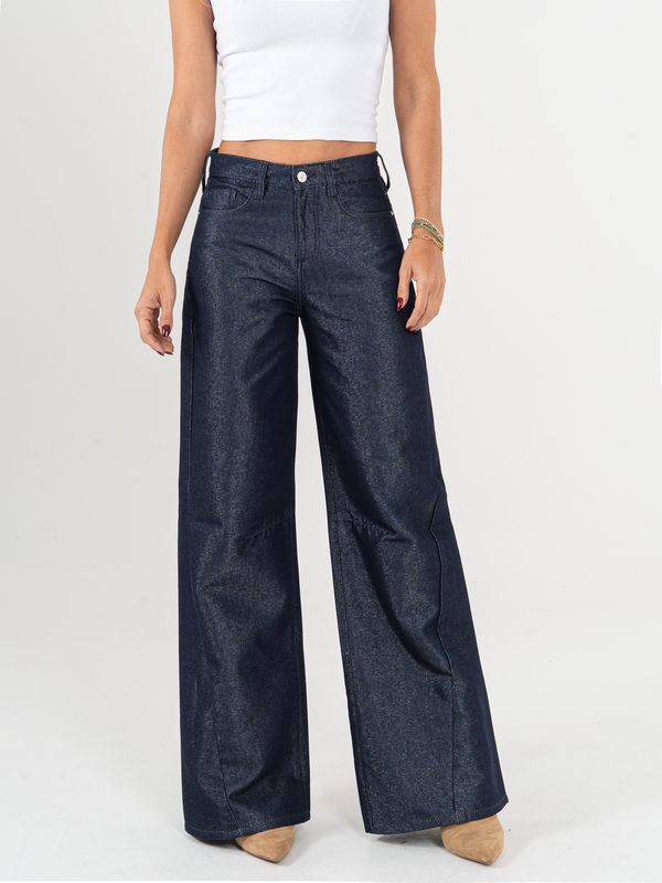 Ref: 066098 Jean wide leg, tiro medio, detalle de tela con brillo, rígido, tono azul oscuro