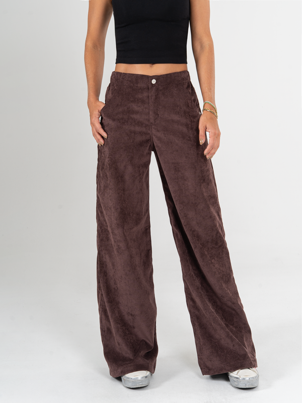 Ref: 0620160 Pantalón palazzo, rígido, en corduroy, tiro alto, pretina resortada, tono cafe